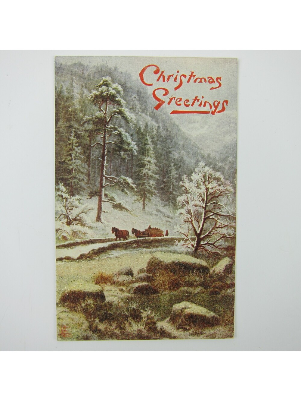 Christmas Postcard Snow Trees Horse Wagon Tuck Oilette 9567 Bead Texture Antique